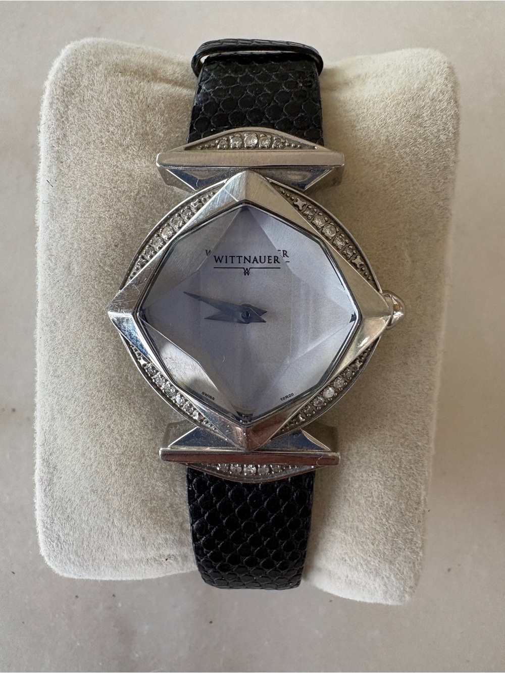 Women's Silver Geometric Case Watch with Brystals and Black Leather Strap